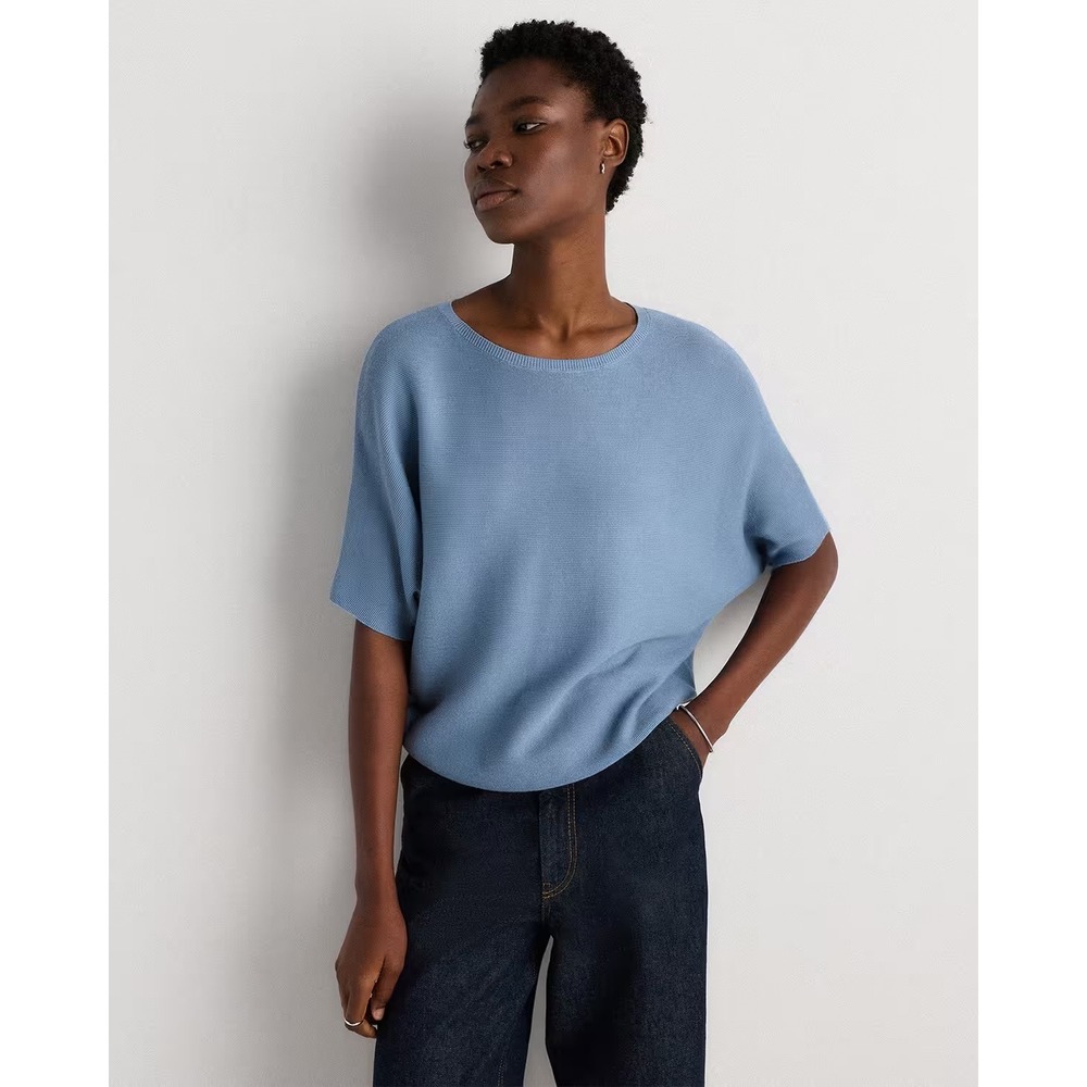Quince Lightweight Cotton Cashmere Link-Stitch Dolman Sweater in Blue Small